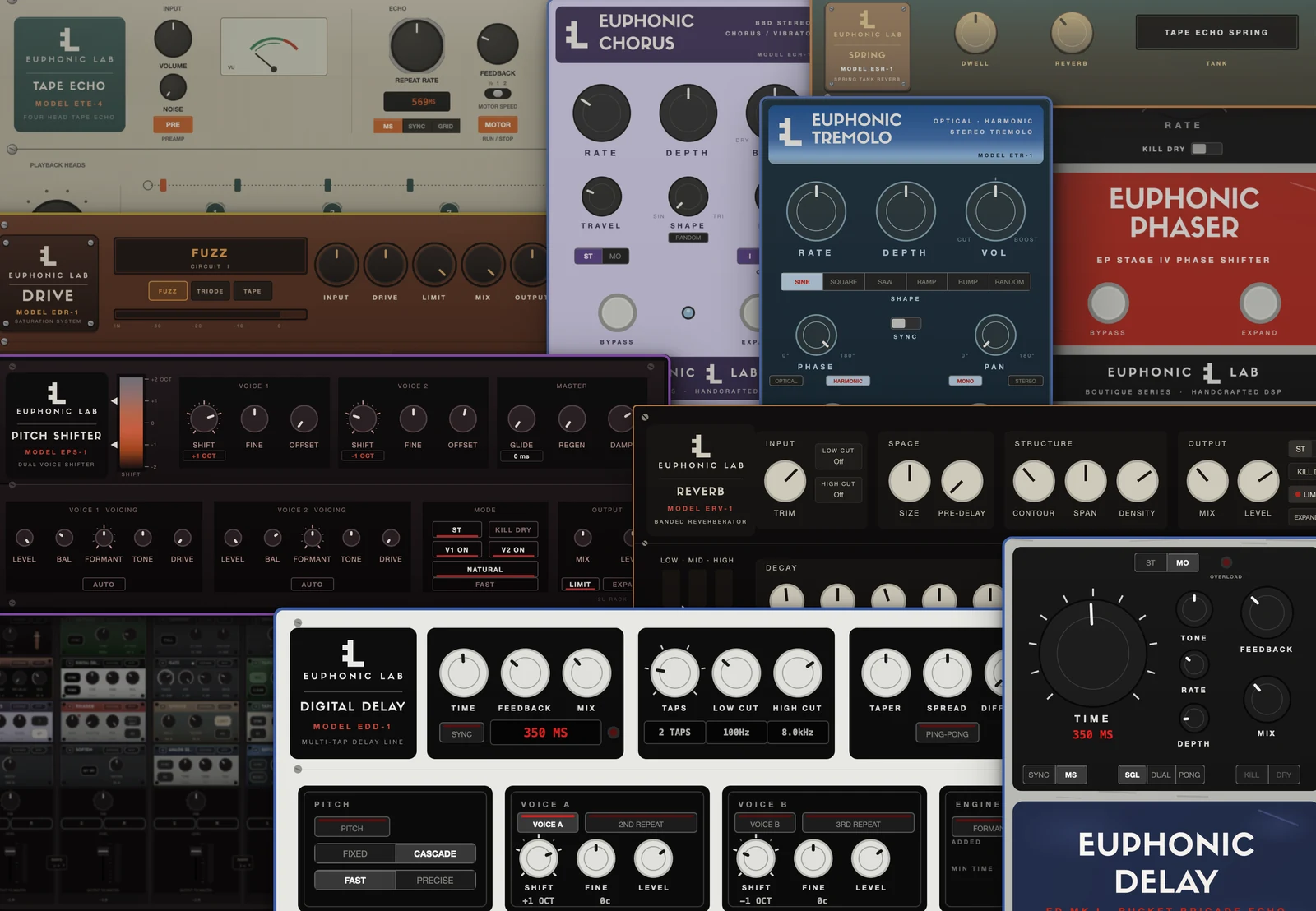 Euphonic Lab boutique effect plugins shown together — tape echo, drive, chorus, spring reverb, tremolo, phaser, pitch shifter, reverb and delays — dimmed.