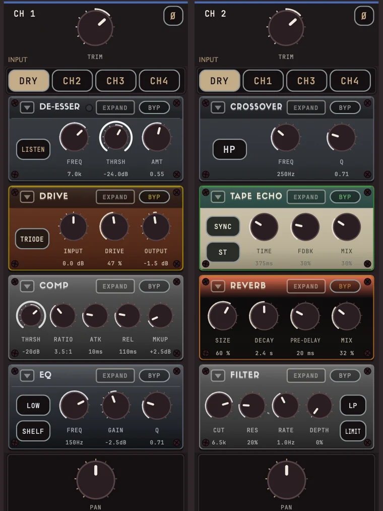 Two FX Console channels side by side: a vocal chain of de-esser, drive, comp and EQ, next to crossover, tape echo, reverb and filter.