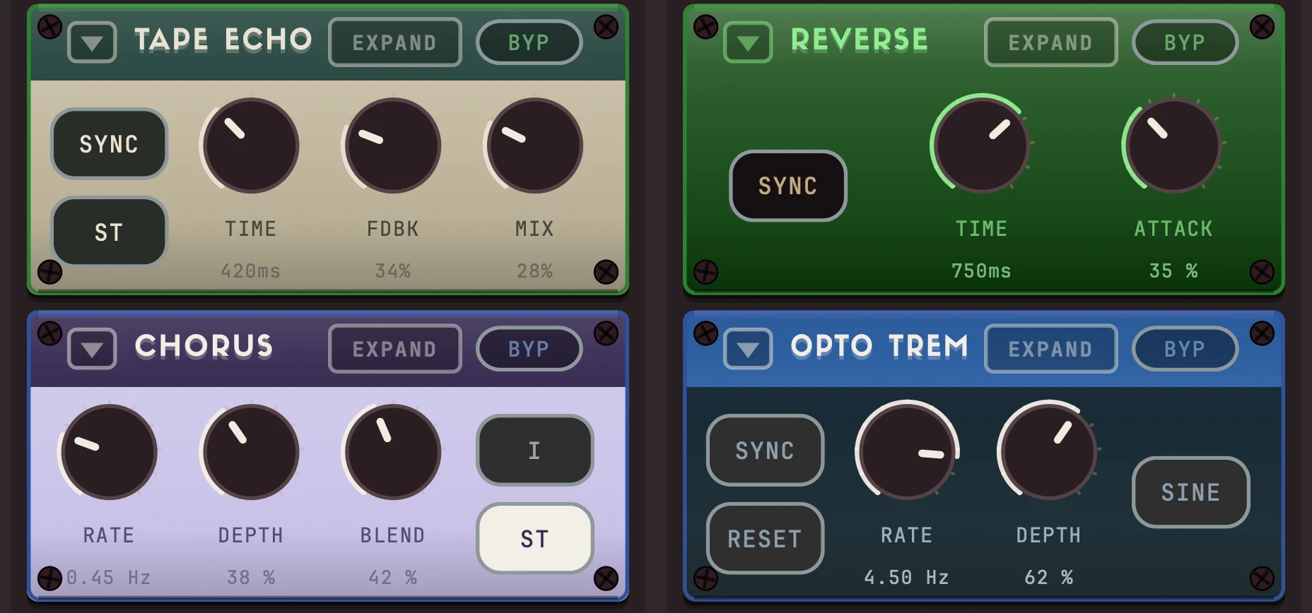 Four FX Console modules in place: Tape Echo and Chorus in one channel, Reverse and Optical Tremolo in the next.