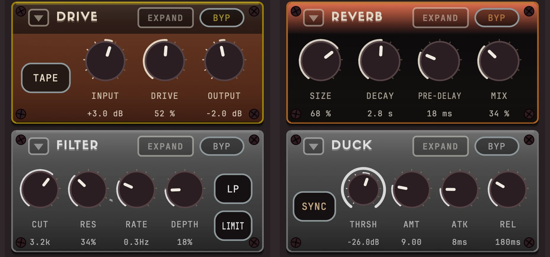 Four FX Console modules in place: Drive and Filter in one channel, Reverb and Duck in the next.