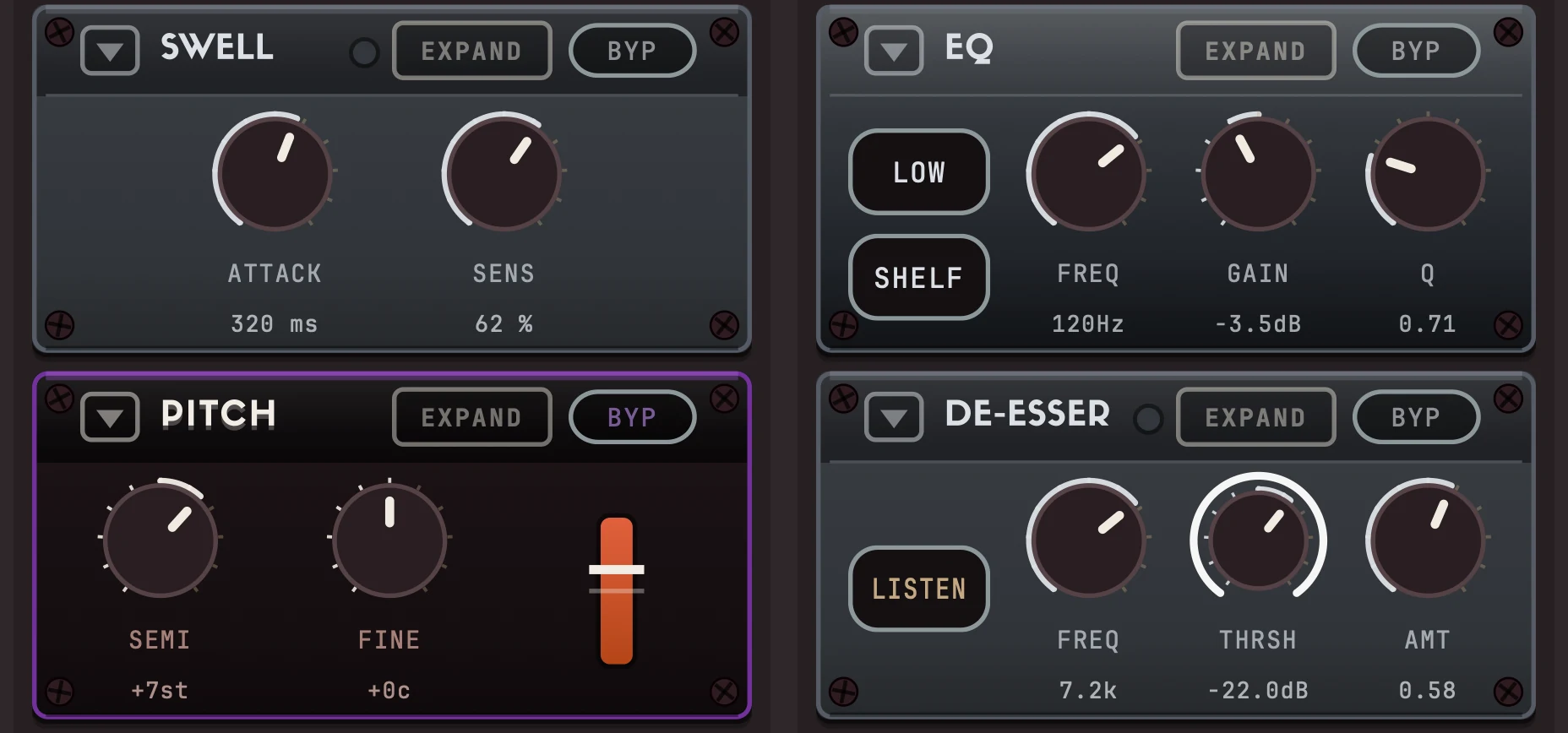 Four FX Console modules in place: Swell and Pitch in one channel, EQ and De-esser in the next.