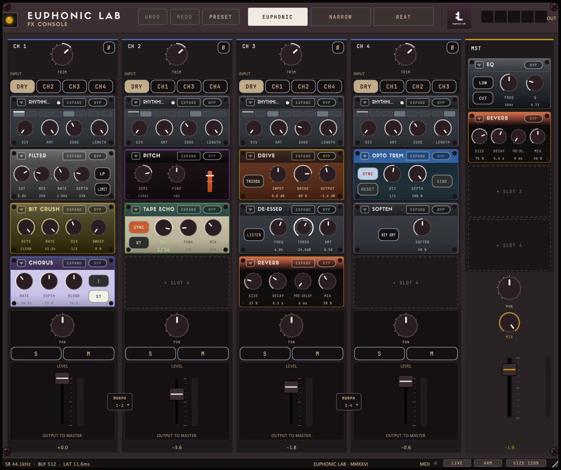 The FX Console with a Rhythmic Gate module at the top of all four channels, each gating a different chain: filter, bit crush and chorus; pitch into tape echo; drive, de-esser and reverb; optical tremolo and soften.