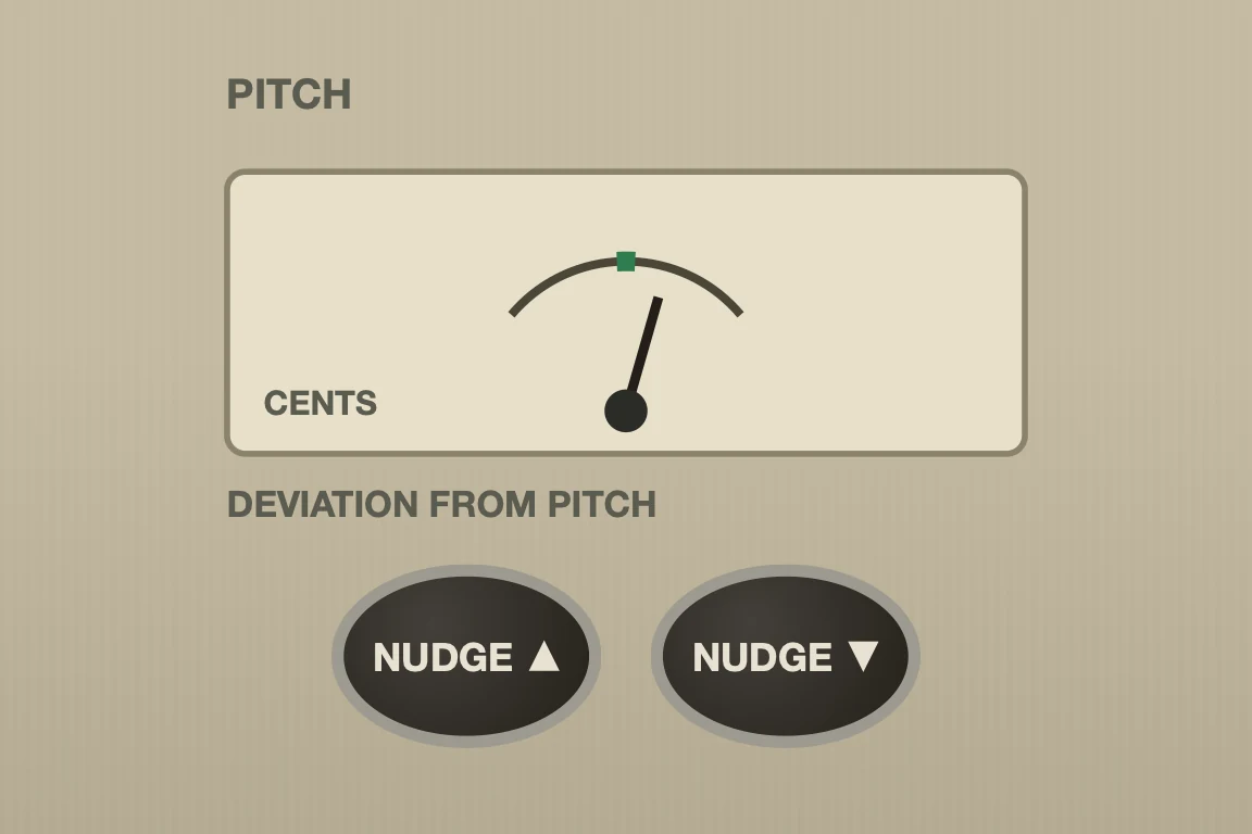 The Tape Echo's pitch section: a cents meter showing deviation from pitch, with NUDGE up and NUDGE down buttons below it.