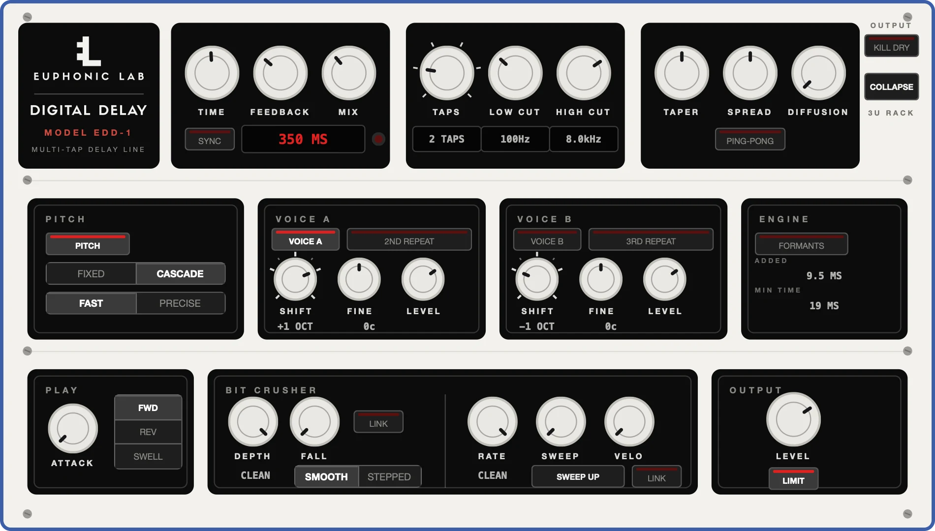 Euphonic Digital Delay expanded: below the delay, taps and tone sections, two more rows open with a pitch section and two pitch-shifted voices, an engine readout, play modes, a bit crusher with fall and sweep, and an output level with limiter.