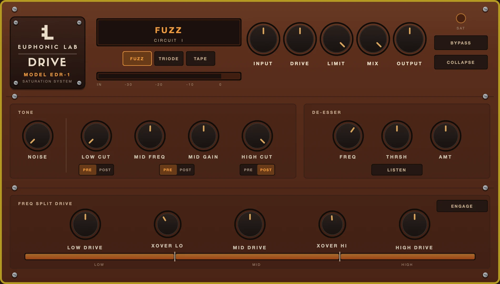 Euphonic Drive expanded: below the circuit selector and main controls, two more rows open with a tone section of noise, low cut, mid frequency and gain, and high cut, a de-esser, and frequency-split drive with separate low, mid and high drive and two crossovers.