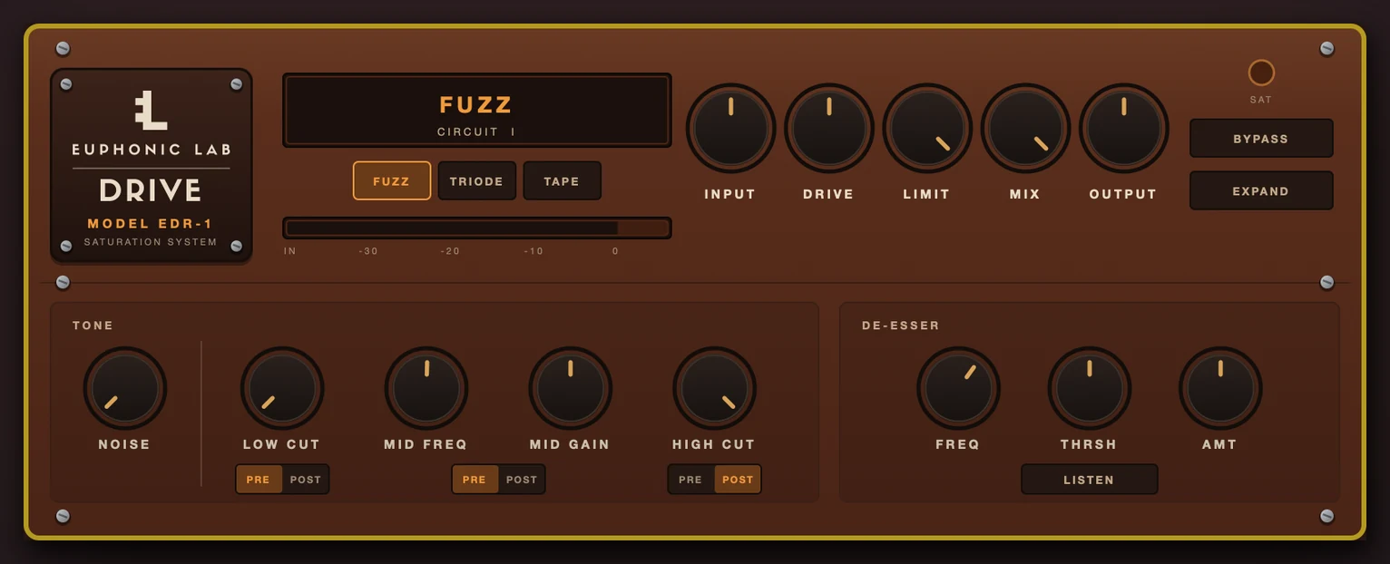Euphonic Drive, Model EDR-1, a saturation system: circuit selector, input and drive controls, tone section and de-esser.