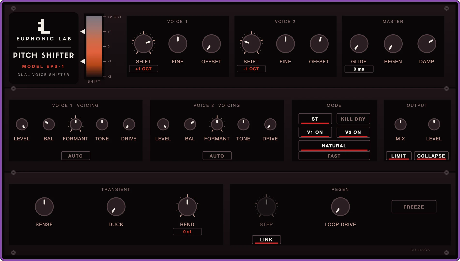 Euphonic Pitch Shifter expanded: below the two voices and master section, two more rows open with voicing for each voice, mode and output switches, a transient section with sense, duck and bend, and a regen section with step, loop drive and freeze.
