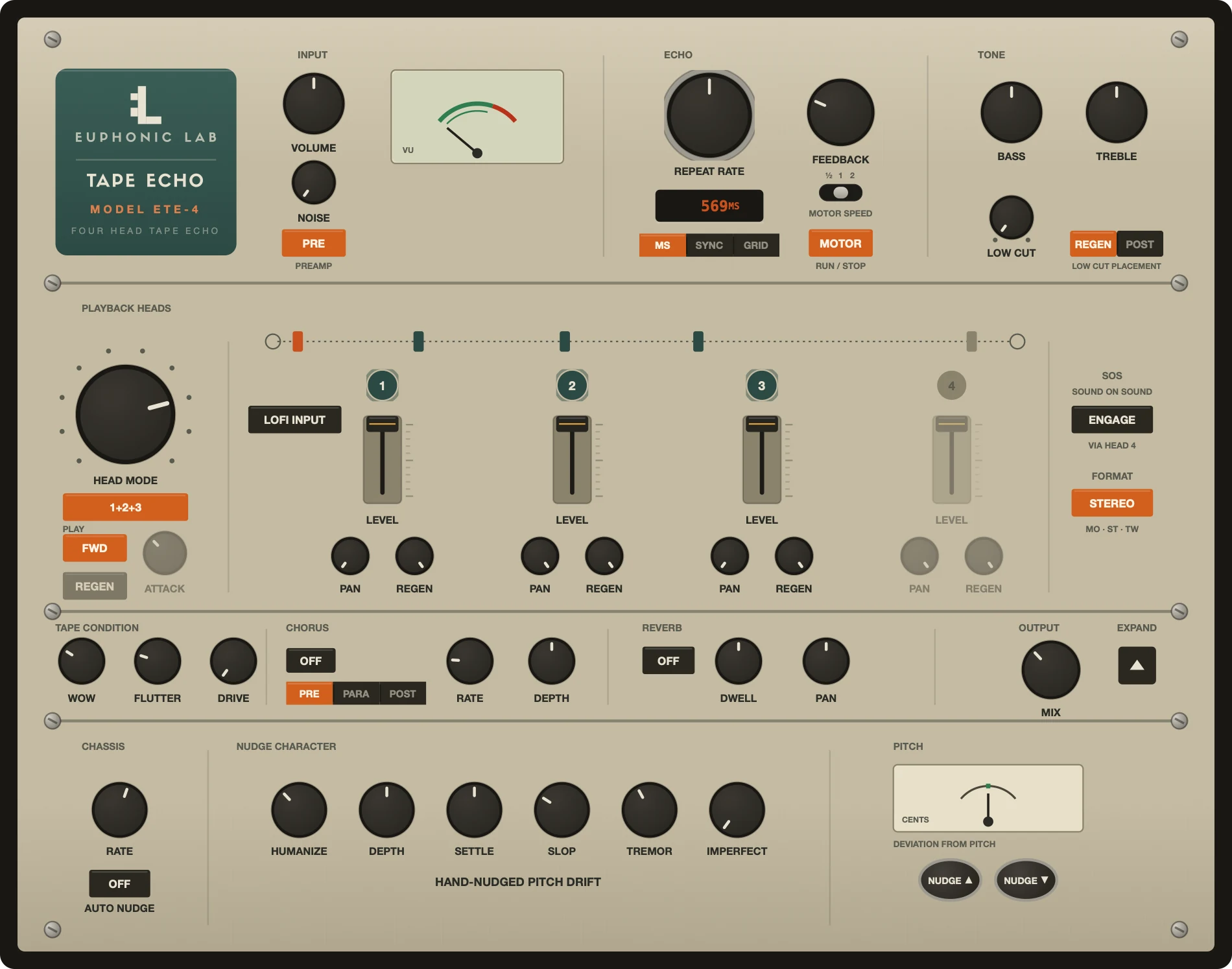 Euphonic Tape Echo expanded: a fourth row opens below the main panel with chassis rate and auto nudge, six nudge-character controls for hand-nudged pitch drift, and a cents meter with nudge up and nudge down.