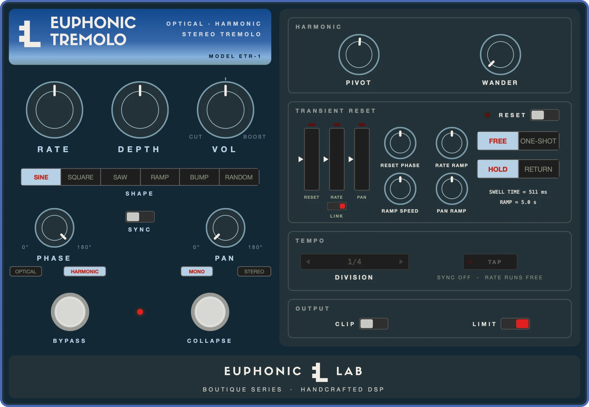 Euphonic Tremolo expanded: a second panel opens to the right with harmonic pivot and wander, transient reset with ramp controls, tempo division and tap, and output clip and limit.